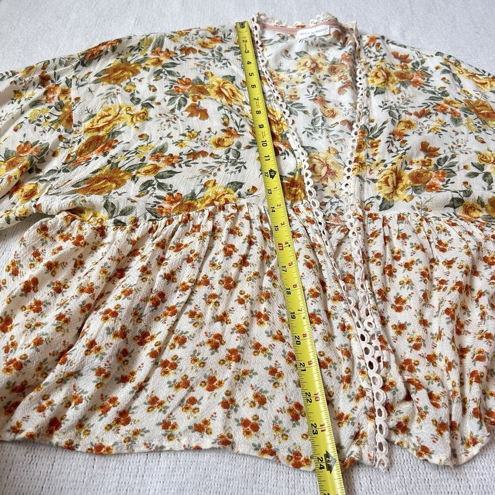 Coco Jaimeson Top Sz L Floral Cottage Open Front Crochet Trim Flare Sleeve - Picture 9 of 12